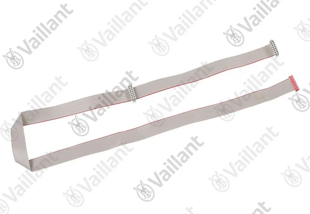Flachbandkabel von Vaillant mit zwei Anschlüssen, in grauer Farbe, erkennbar durch rote Linien an den Kanten.